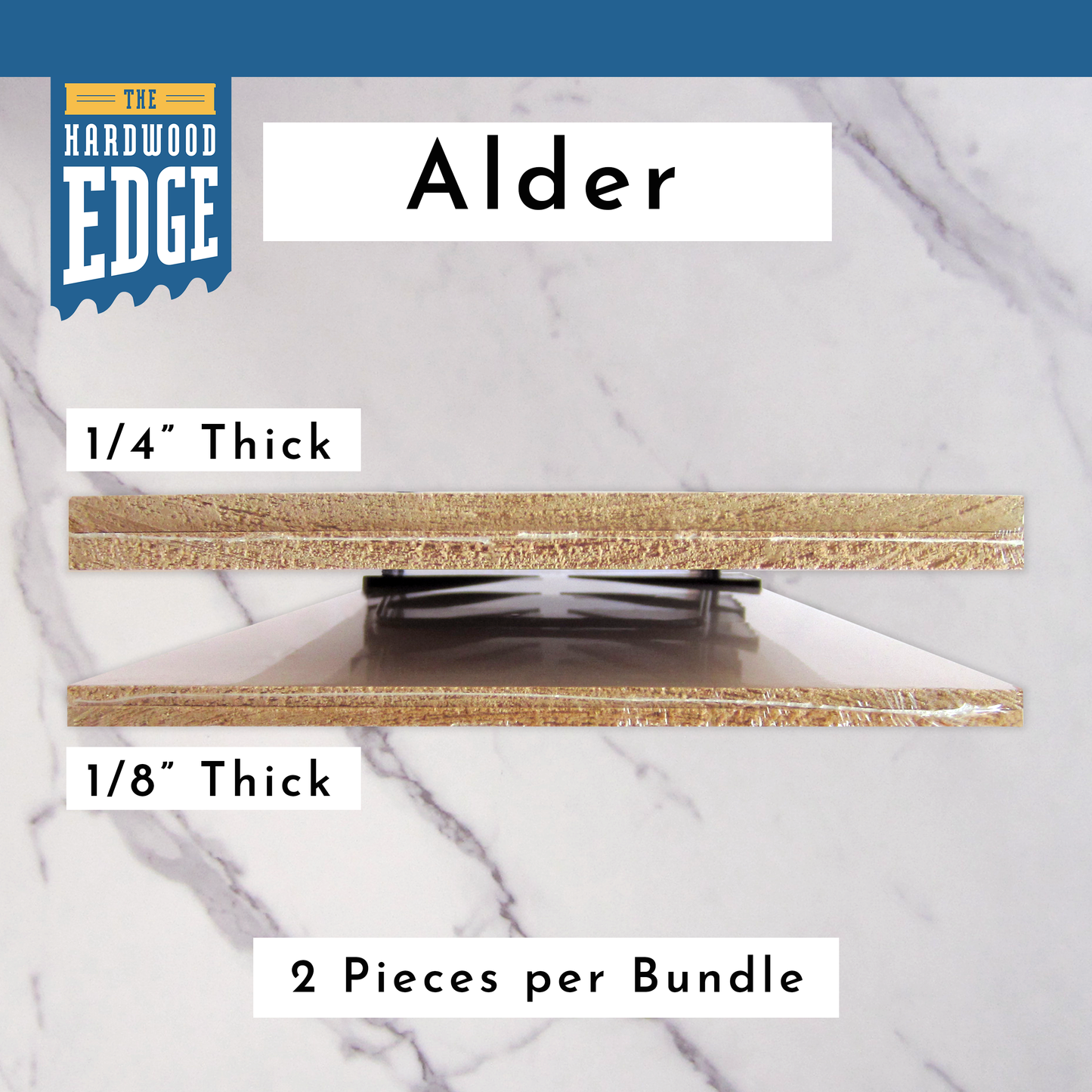 Two pieces of 1/4" Thick Solid Alder Hardwood and Two pieces of 1/8" Thick Solid Alder Hardwood on a marble background.