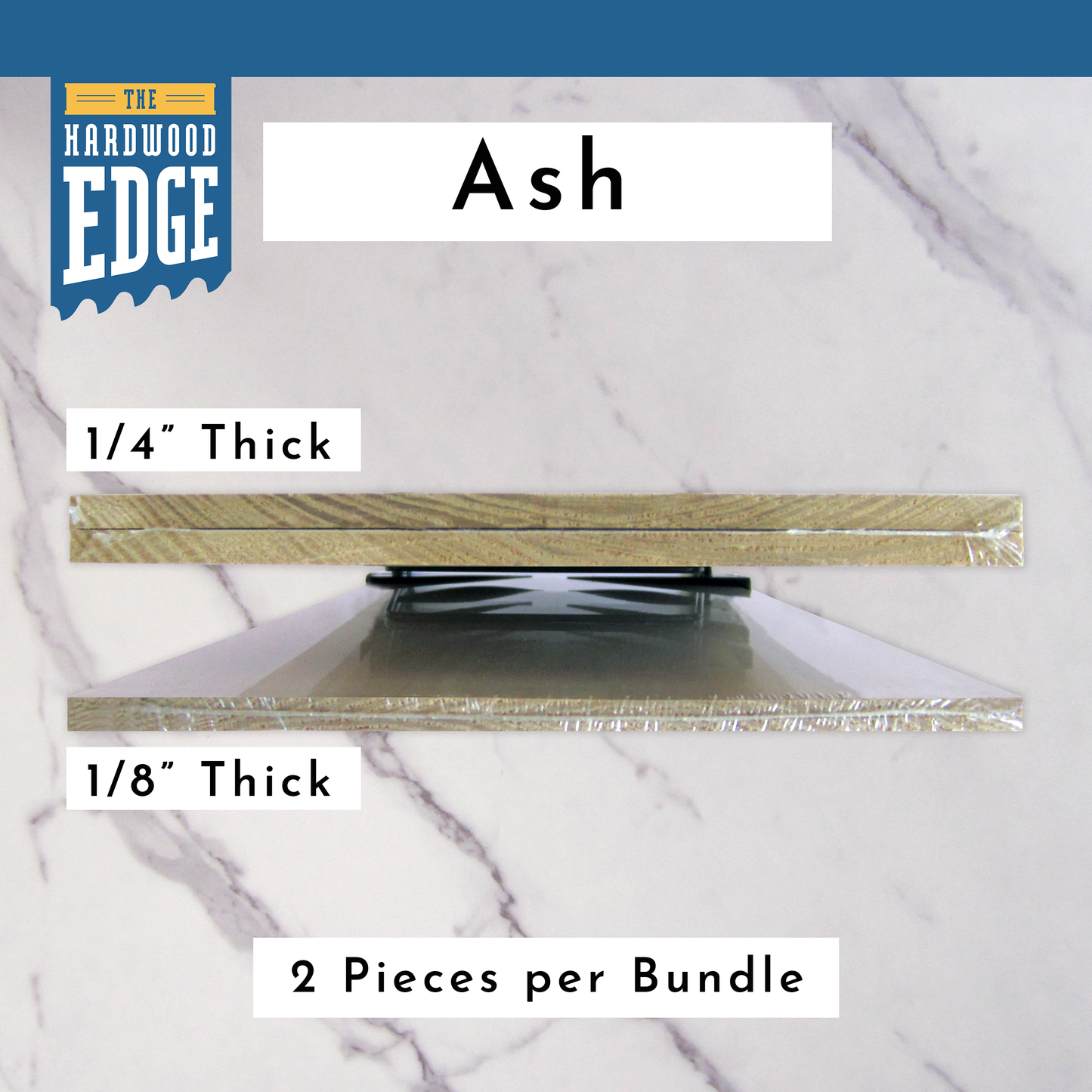 Two pieces of 1/4" Thick Ash Hardwood and Two pieces of 1/8" Thick Solid Ash Hardwood on a marble background.