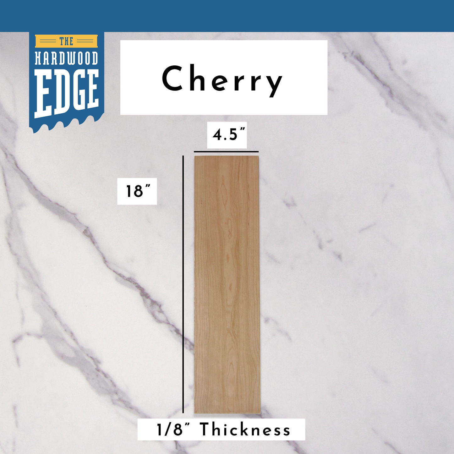 .125"x4.5"x18" Cherry hardwood on a marble background, branded 'The Hardwood Edge'.