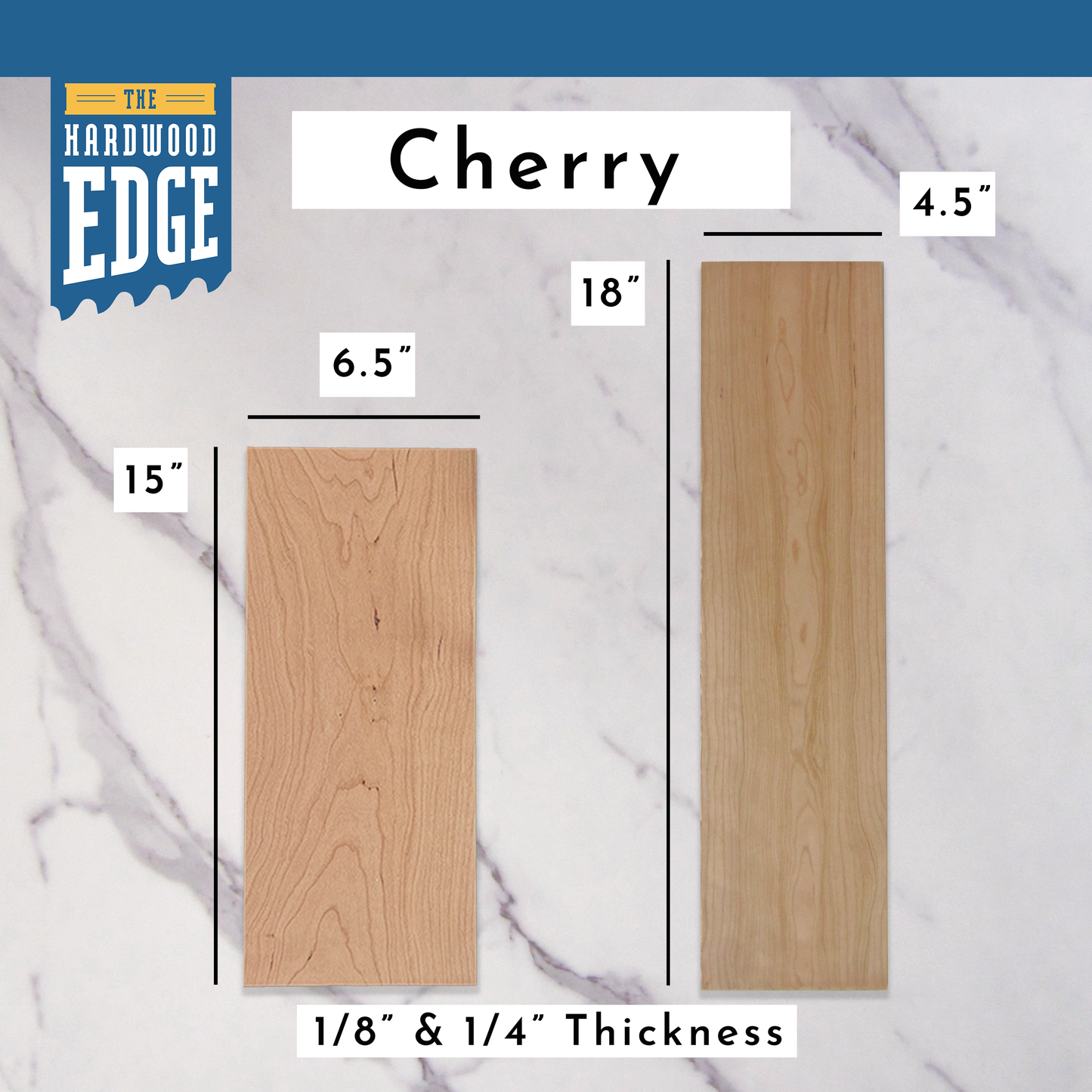 Two pieces of solid Cherry hardwood with dimensions on a marble background.
