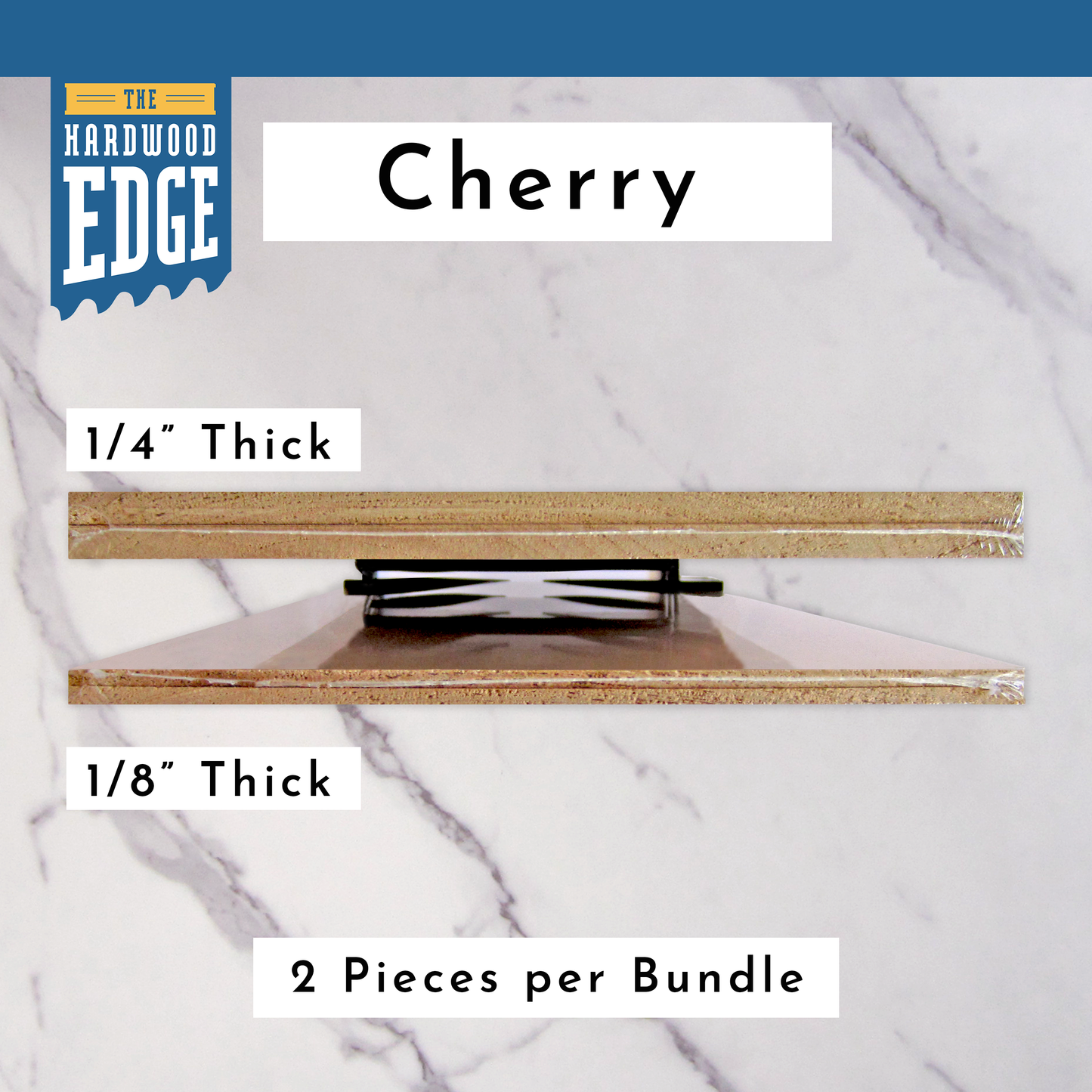 Two pieces of 1/4" Thick Solid Cherry Hardwood and Two pieces of 1/8" Thick Solid Cherry Hardwood on a marble background.