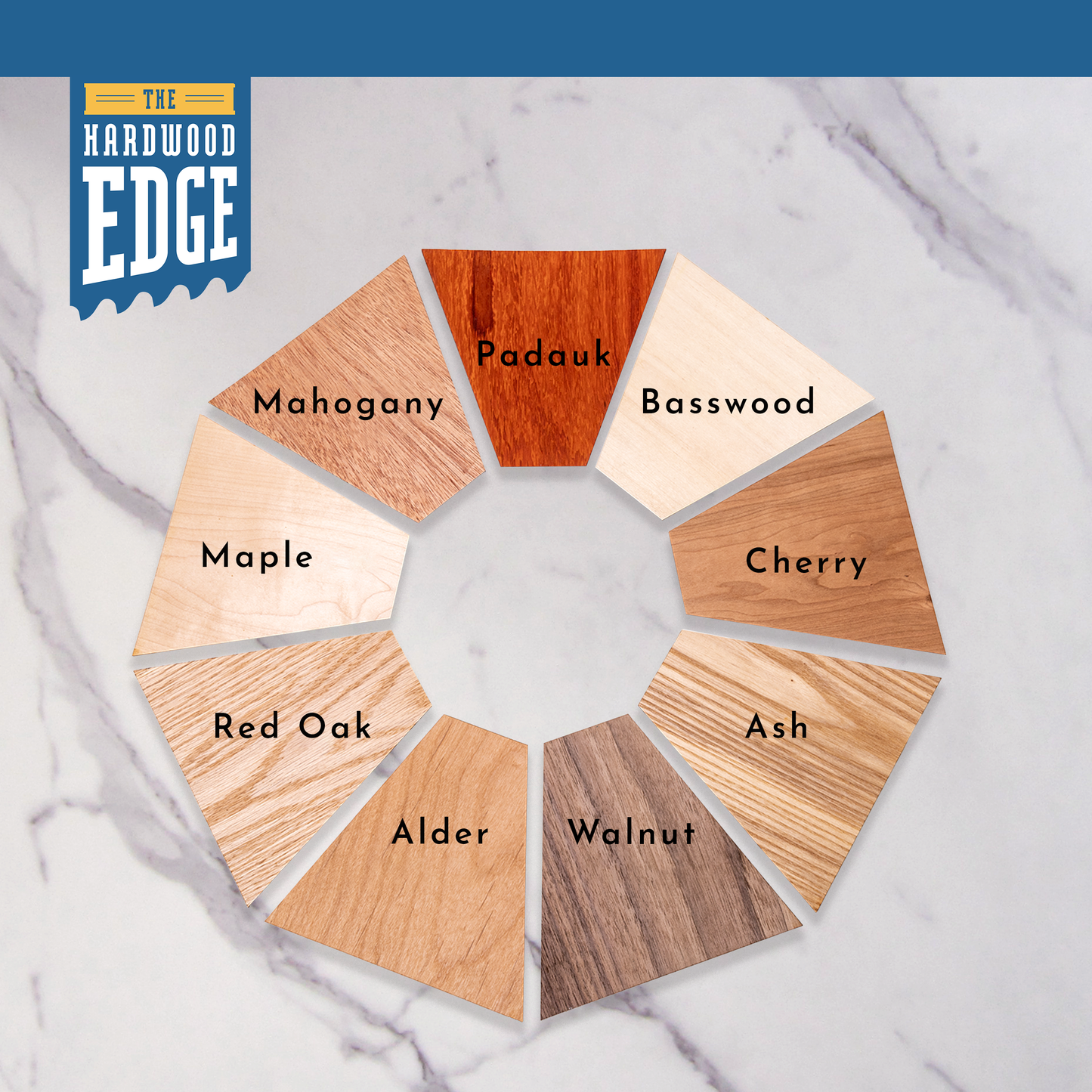 Wood sample wheel with various wood types labeled on a marble background, featuring 'The Hardwood Edge' brand.
