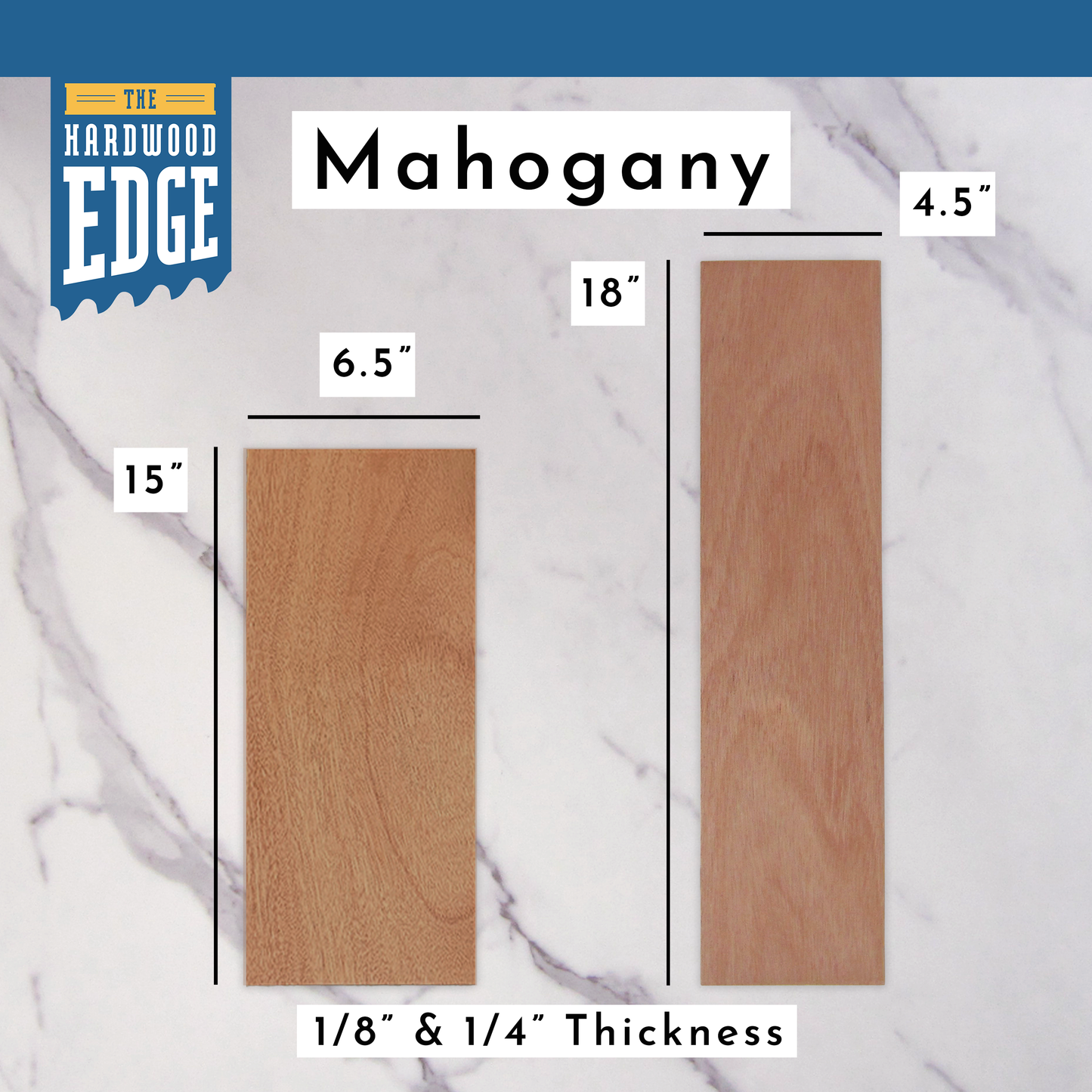 6.5"x15" Solid Mahogany Hardwood and 4.5"x18" Solid Mahogany Hardwood on a Marble background.