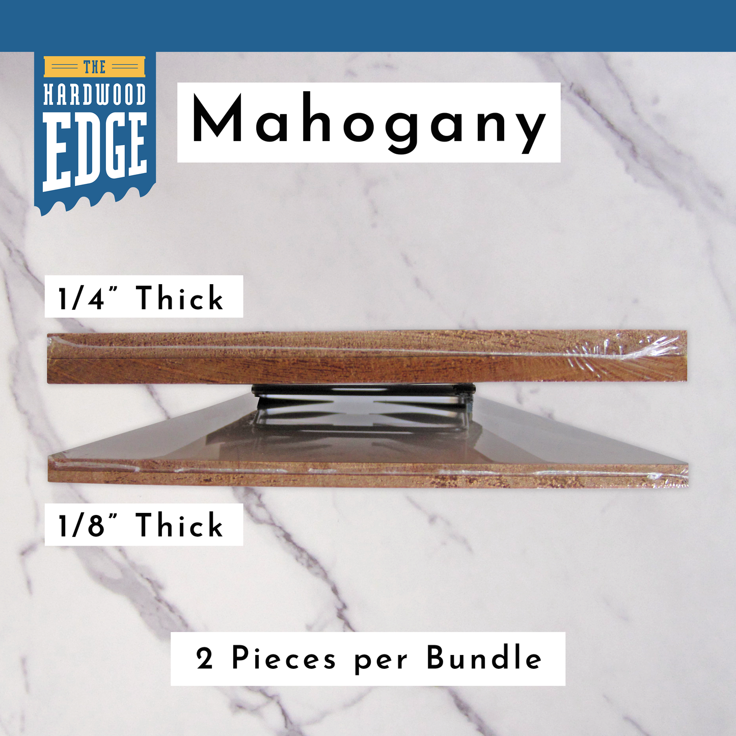 Two pieces of 1/4" Thick Solid Mahogany Hardwood and Two pieces of 1/8" Thick Solid Mahogany Hardwood on a marble background.