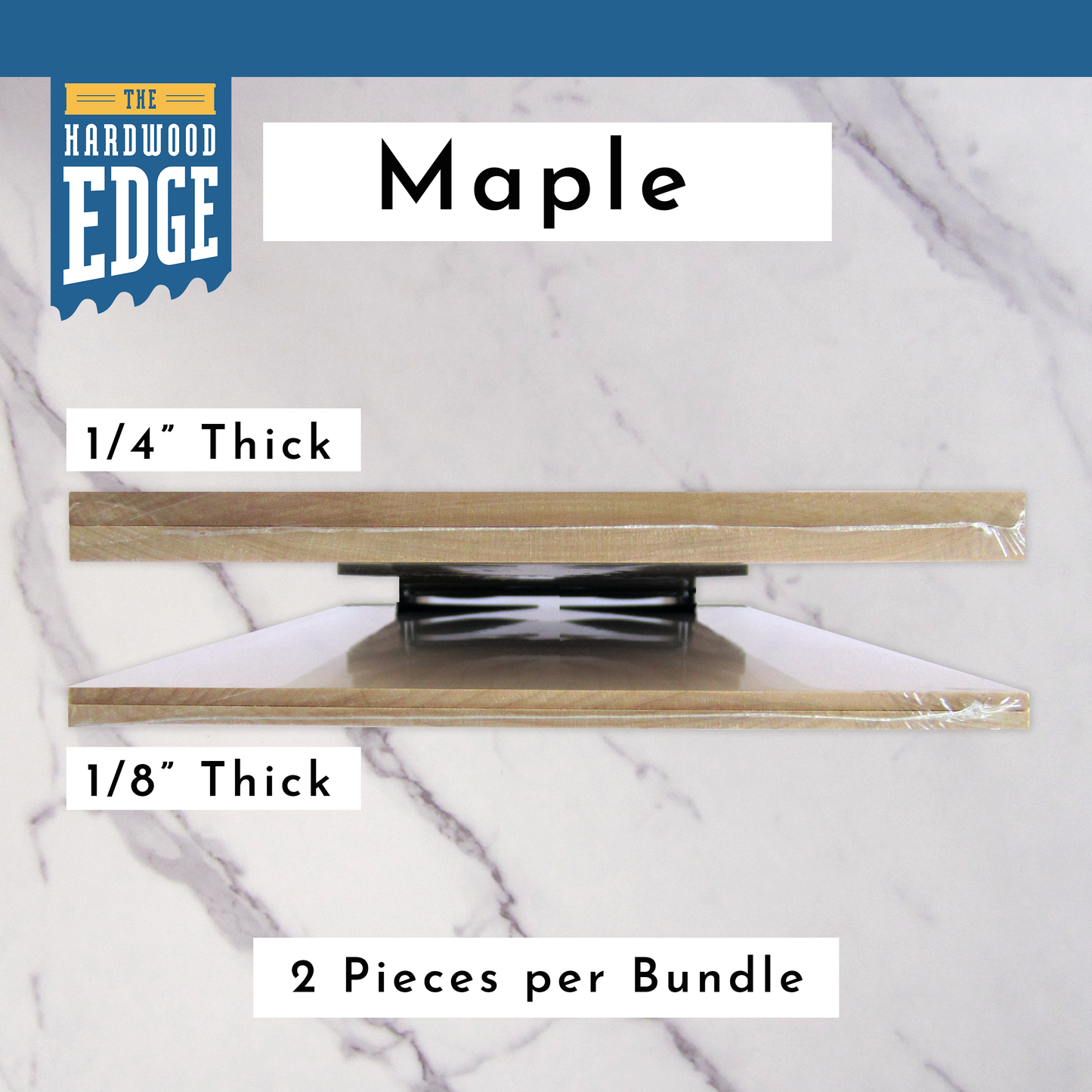 Two pieces of 1/4" Thick Solid Maple Hardwood and Two pieces of 1/8" Thick Solid Maple Hardwood on a marble background.