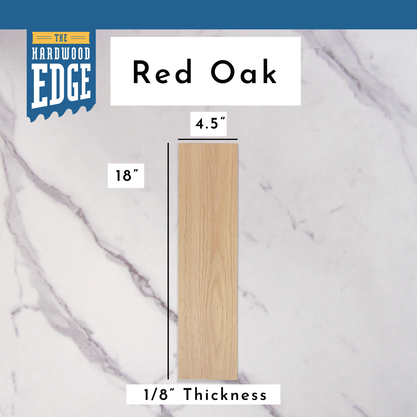 .125"x4.5"x18" Red Oak hardwood on a marble background, branded 'The Hardwood Edge'.