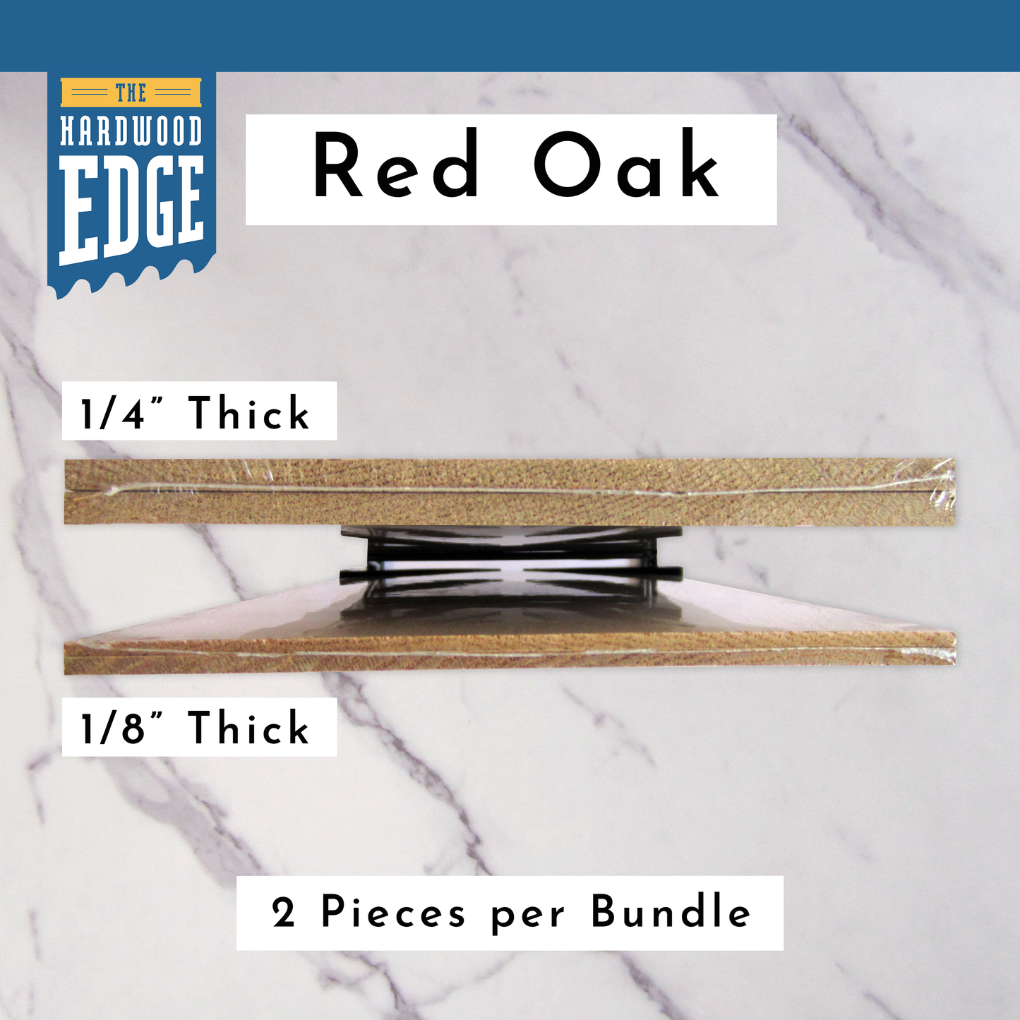 Two pieces of 1/4" Thick Solid Red Oak Hardwood and Two pieces of 1/8" Thick Solid Red Oak Hardwood on a marble background.