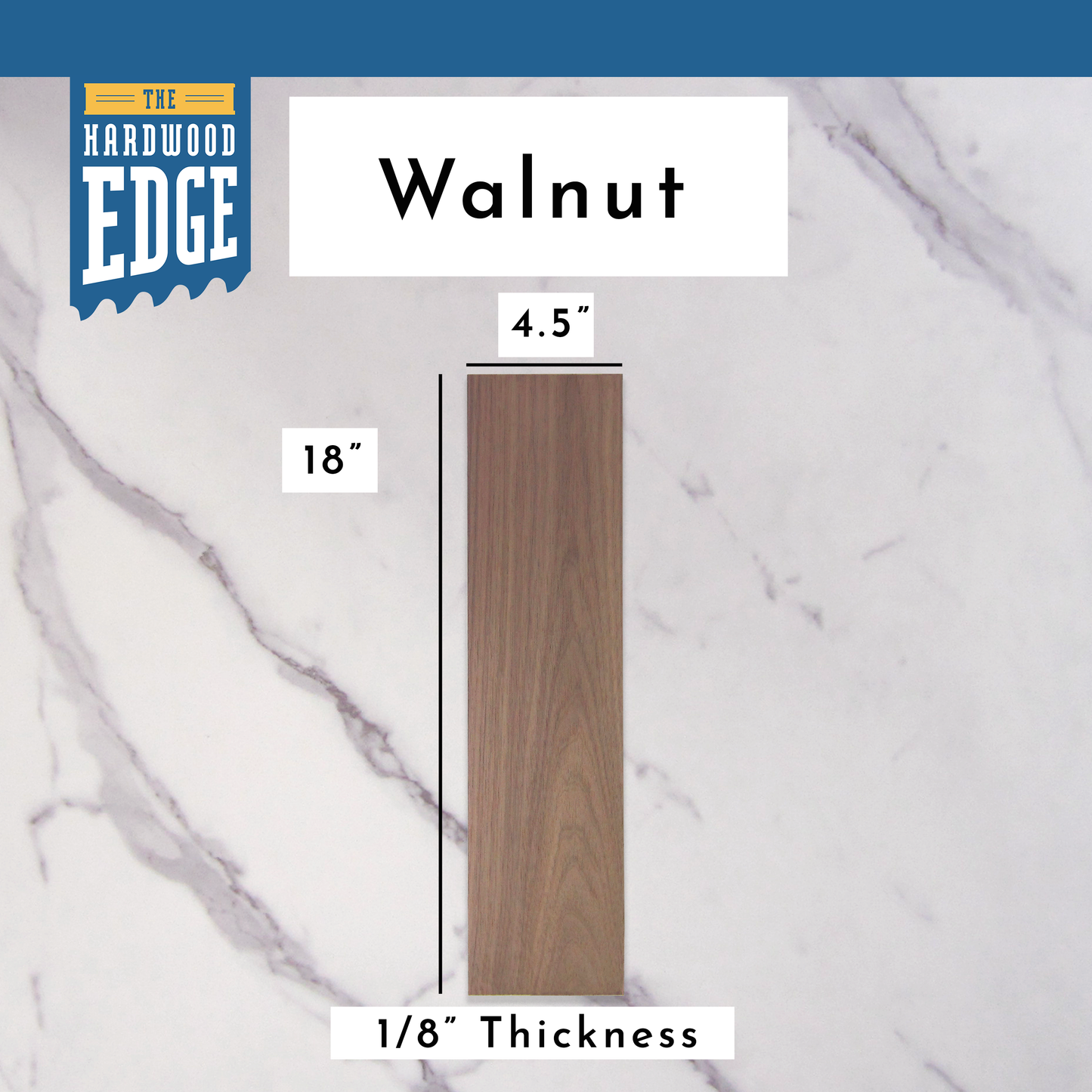 .125"x4.5"x18" Walnut hardwood on a marble background, branded 'The Hardwood Edge'.