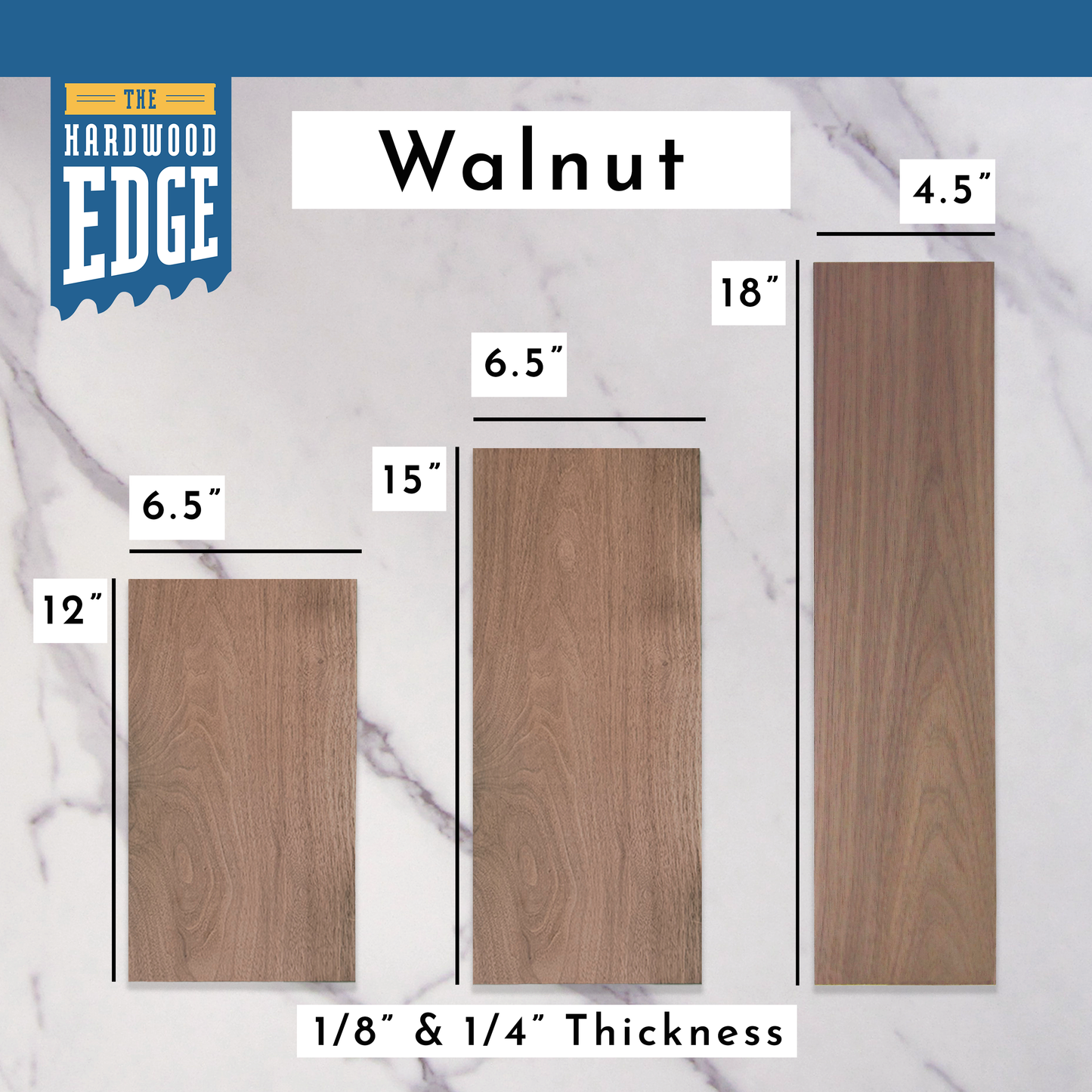 6.5"x12" Solid Walnut Hardwood, 6.5"x15" Solid Walnut Hardwood and 4.5"x18" Solid Walnut Hardwood on a marble background.