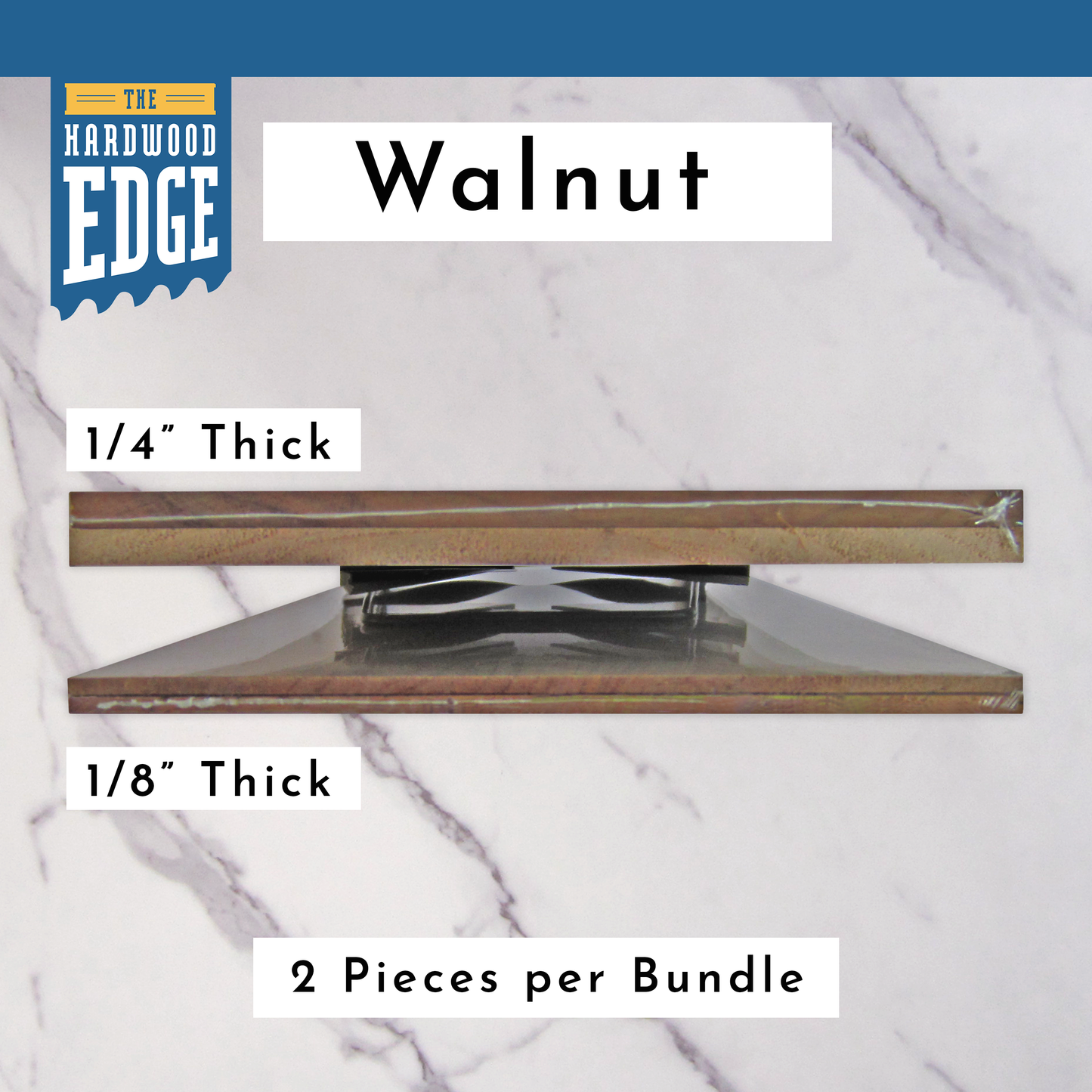 Two pieces of 1/4" Thick Solid Walnut Hardwood and Two pieces of 1/8" Thick Solid Walnut Hardwood on a marble background.