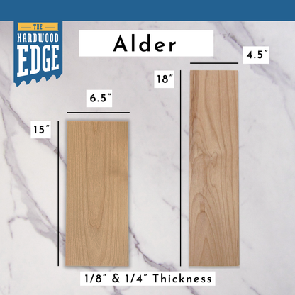 6.5"x15" Solid Alder Hardwood and 4.5"x18" Solid Alder Hardwood on a marble background.