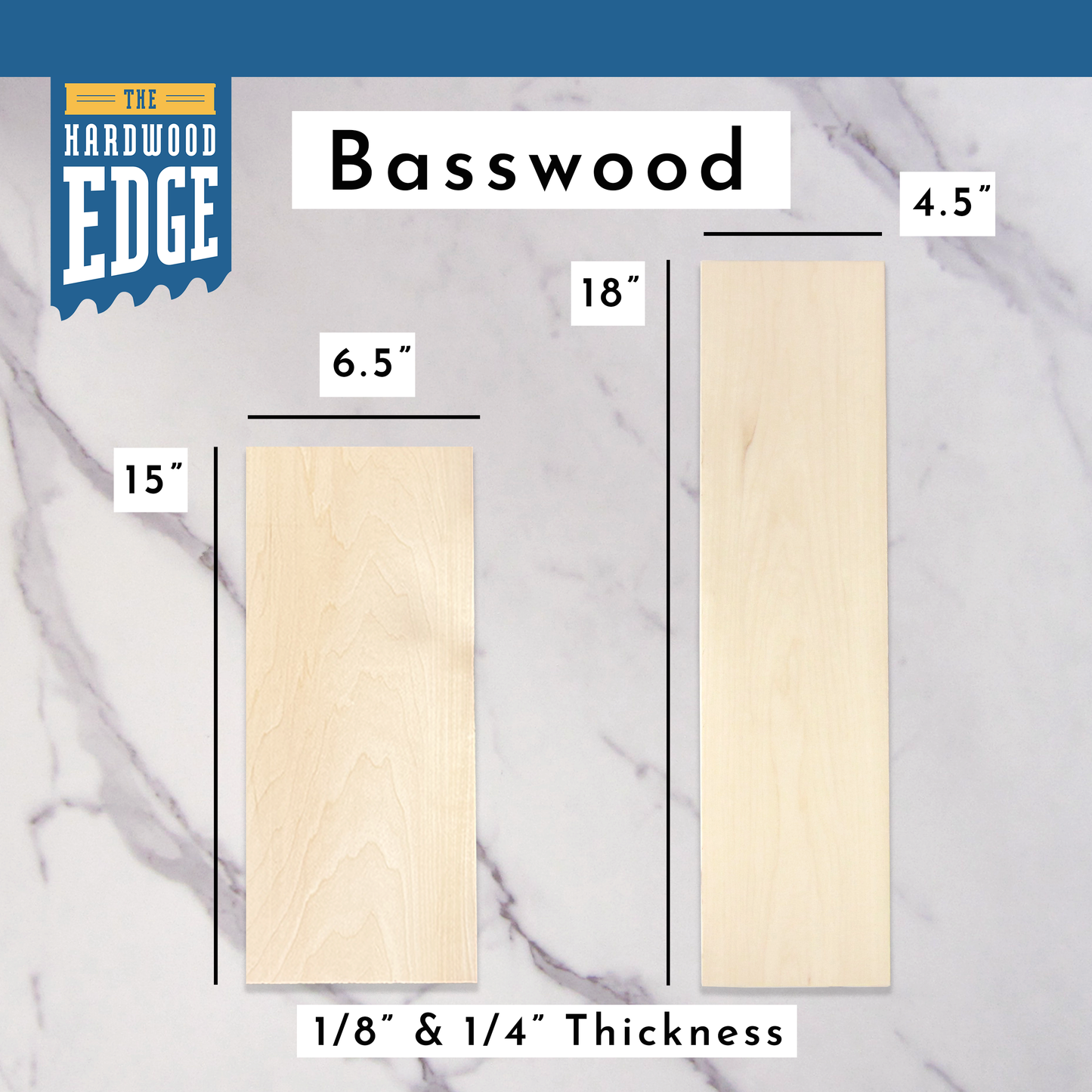 6.5"x15" Solid Basswood Hardwood and 4.5"x18" Solid Basswood Hardwood on a marble background.