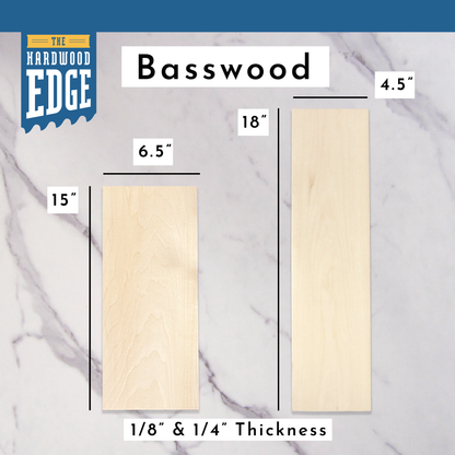 6.5"x15" Solid Basswood Hardwood and 4.5"x18" Solid Basswood Hardwood on a marble background.