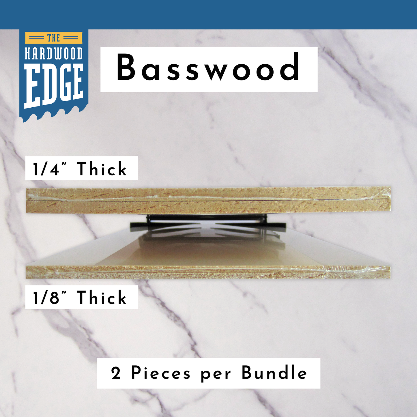 Two pieces of 1/4" Thick Solid Basswood Hardwood and Two pieces of 1/8" Thick Solid Basswood Hardwood on a marble background.