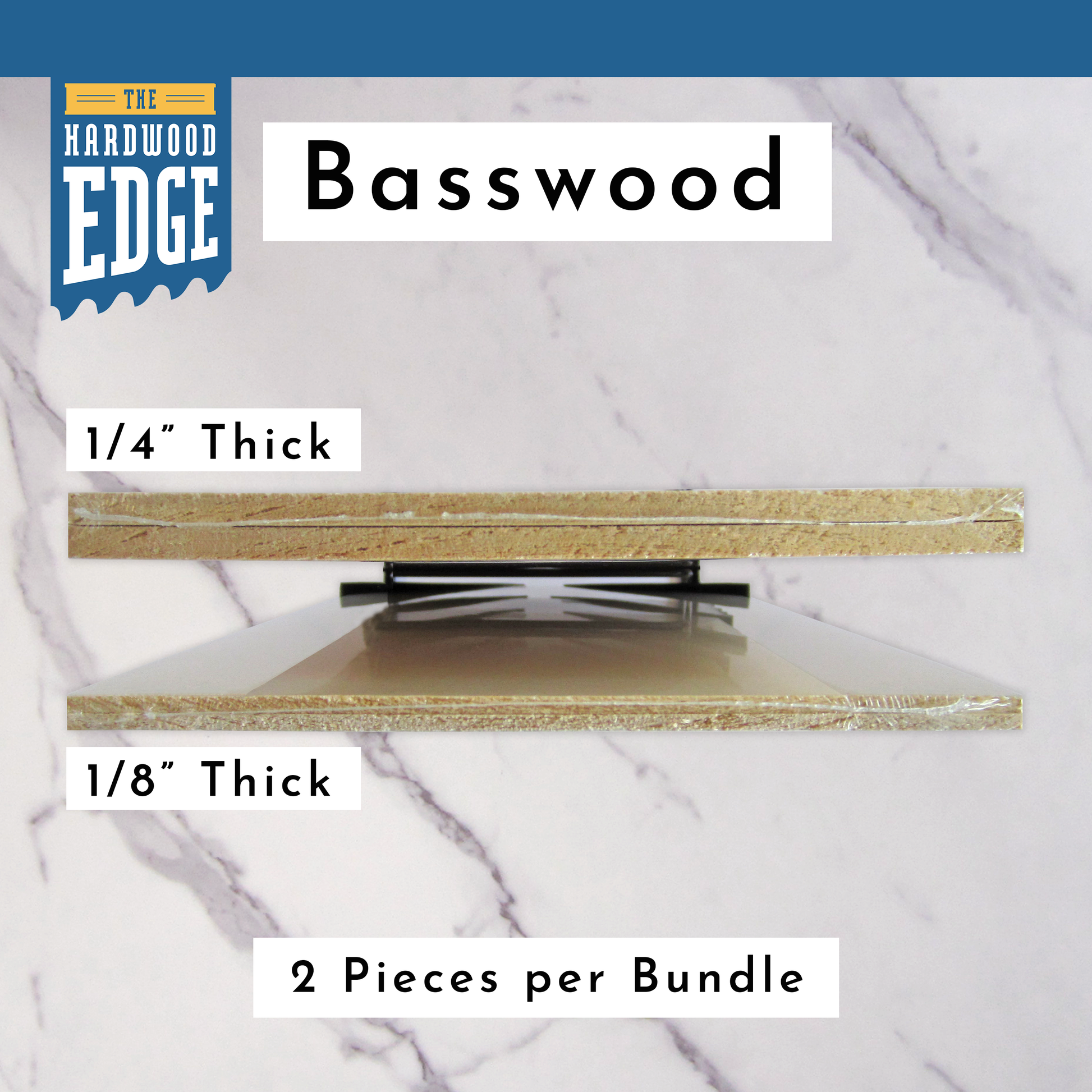 Two pieces of 1/4" Thick Solid Basswood Hardwood and Two pieces of 1/8" Thick Solid Basswood Hardwood on a marble background.