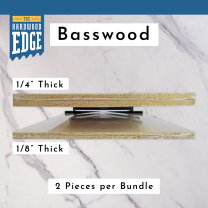 Two pieces of 1/4" Thick Solid Basswood Hardwood and Two pieces of 1/8" Thick Solid Basswood Hardwood on a marble background.