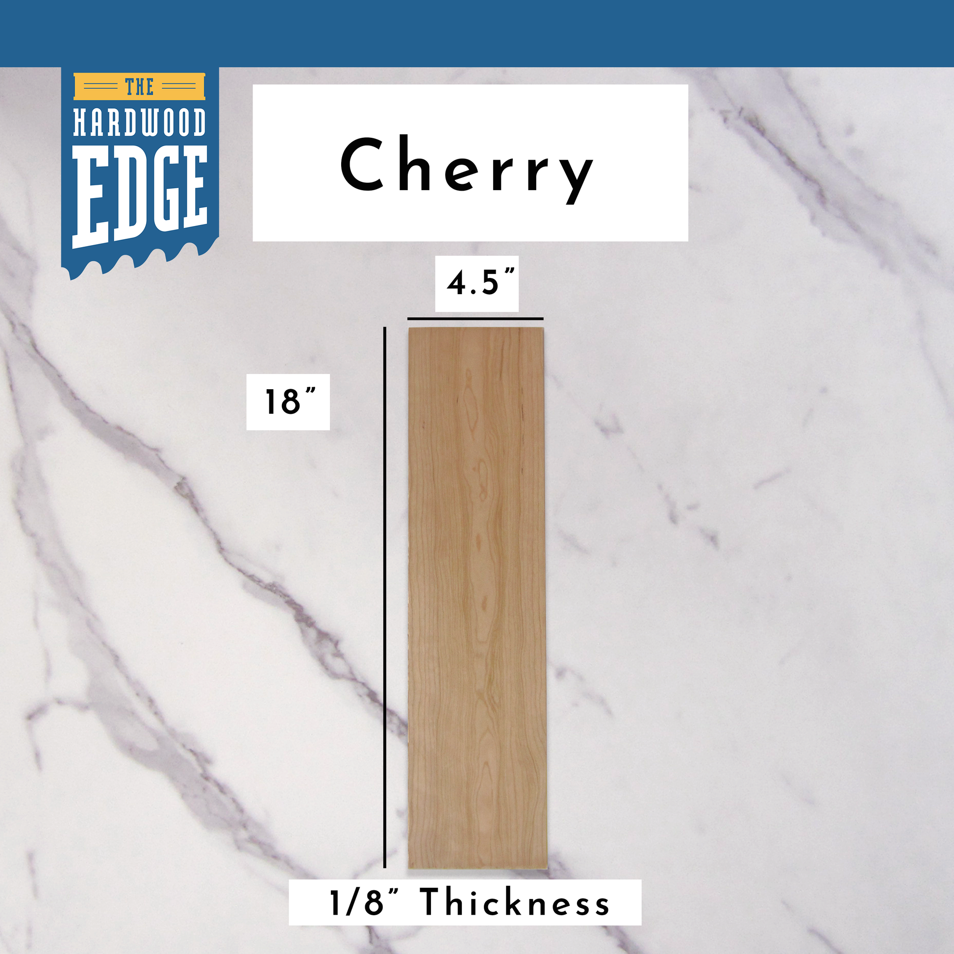 .125"x4.5"x18" Cherry hardwood on a marble background, branded 'The Hardwood Edge'.