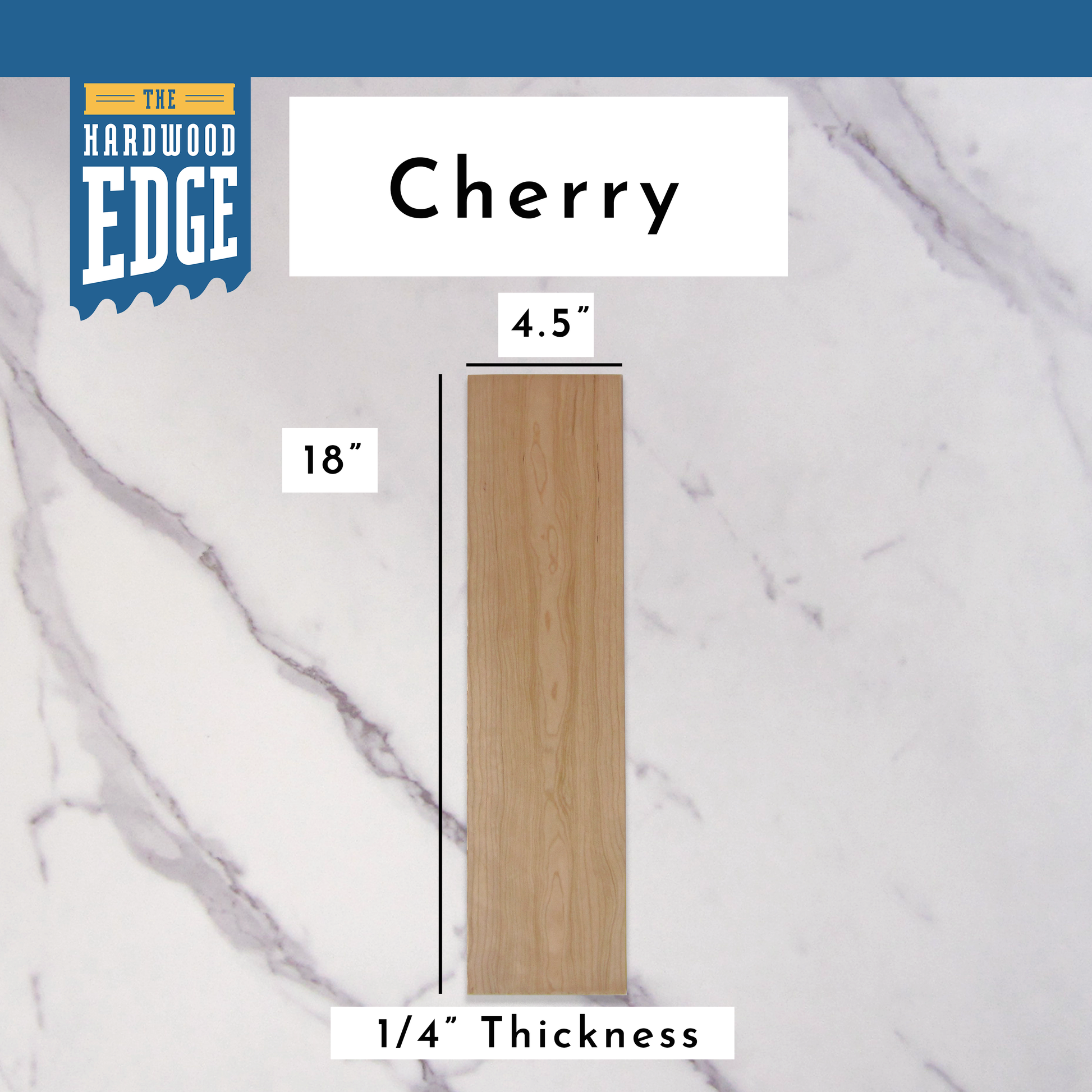 .25"x4.5"x18" Cherry hardwood on a marble background, branded 'The Hardwood Edge'.