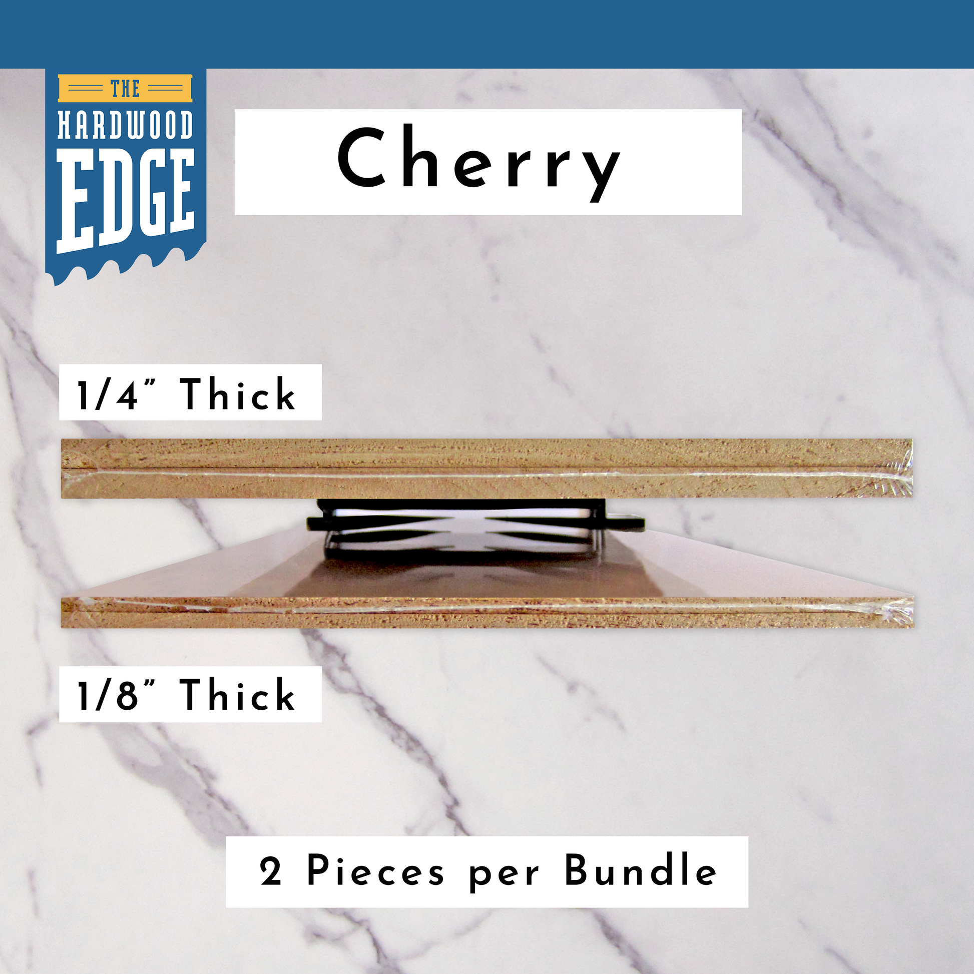 Two pieces of 1/4" Thick Solid Cherry Hardwood and Two pieces of 1/8" Thick Solid Cherry Hardwood  on a marble background.