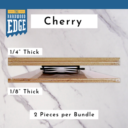 Two pieces of 1/4" Thick Solid Cherry Hardwood and Two pieces of 1/8" Thick Solid Cherry Hardwood  on a marble background.