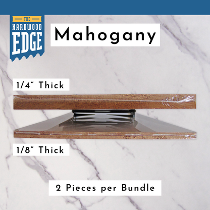 Two pieces of 1/4" Thick Solid Mahogany Hardwood and Two pieces of 1/8" Thick Solid Mahogany Hardwood  on a marble background.