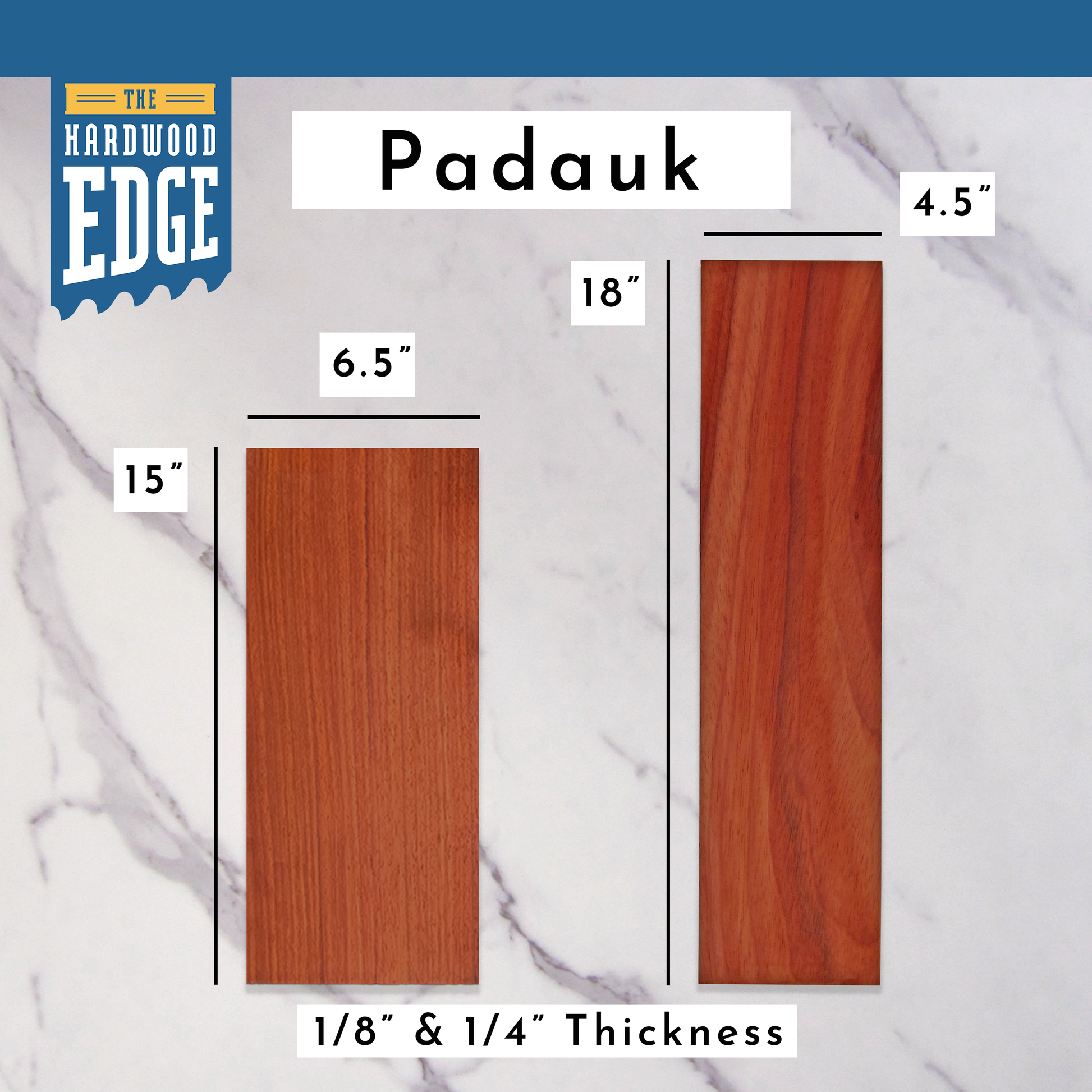 6.5"x15" Solid Padauk Hardwood and 4.5"x18" Solid Padauk Hardwood on a marble background.