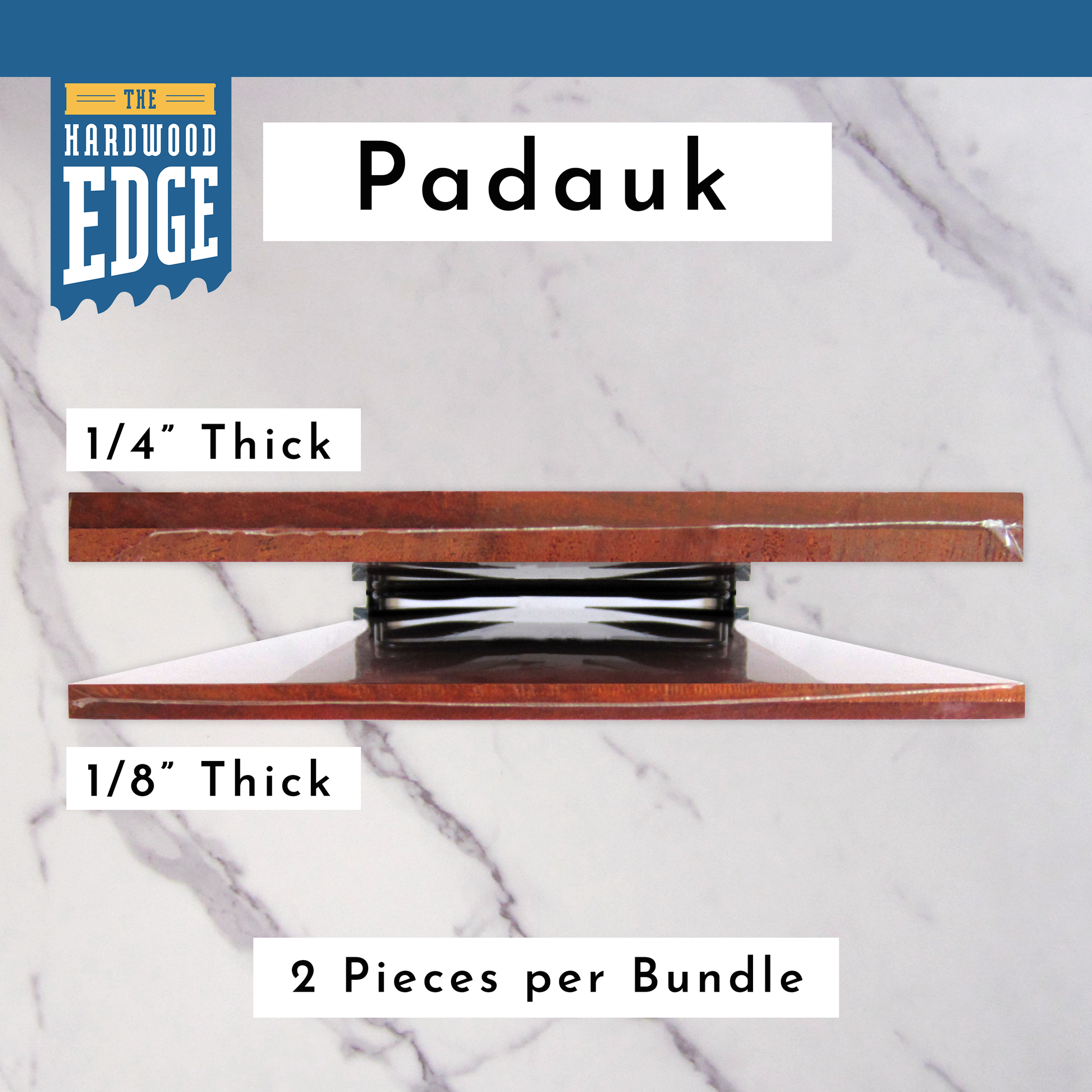 6.5"x15" Solid Padauk Hardwood and 4.5"x18" Solid Padauk Hardwood on a marble background.