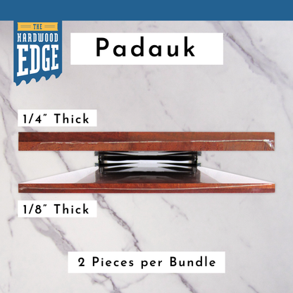 6.5"x15" Solid Padauk Hardwood and 4.5"x18" Solid Padauk Hardwood on a marble background.