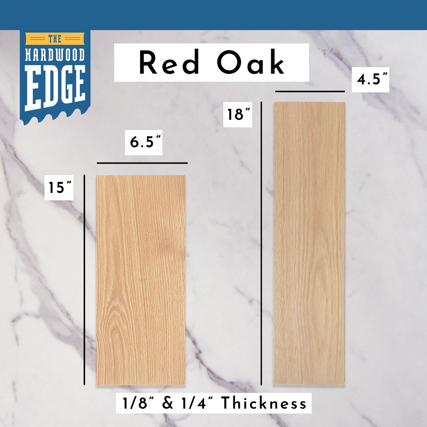 6.5"x15" Solid Red Oak Hardwood and 4.5"x18" Solid Red Oak Hardwood on a marble background.