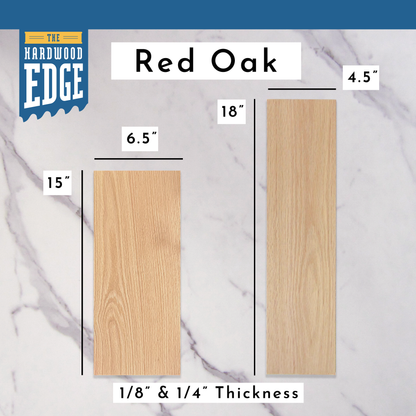 6.5"x15" Solid Red Oak Hardwood and 4.5"x18" Solid Red Oak Hardwood on a marble background.